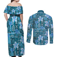 Cyan Hawaii Plumeria With Tropical Flowers Motifs Couples Matching Off Shoulder Maxi Dress and Long Sleeve Button Shirt