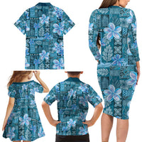 Cyan Hawaii Plumeria With Tropical Flowers Motifs Family Matching Long Sleeve Bodycon Dress and Hawaiian Shirt