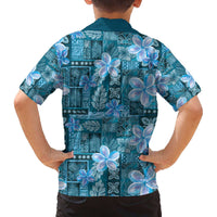 Cyan Hawaii Plumeria With Tropical Flowers Motifs Family Matching Off The Shoulder Long Sleeve Dress and Hawaiian Shirt