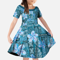 Cyan Hawaii Plumeria With Tropical Flowers Motifs Family Matching Off The Shoulder Long Sleeve Dress and Hawaiian Shirt