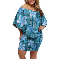 Cyan Hawaii Plumeria With Tropical Flowers Motifs Family Matching Off Shoulder Short Dress and Hawaiian Shirt