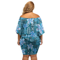Cyan Hawaii Plumeria With Tropical Flowers Motifs Family Matching Off Shoulder Short Dress and Hawaiian Shirt