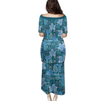 Cyan Hawaii Plumeria With Tropical Flowers Motifs Family Matching Puletasi and Hawaiian Shirt