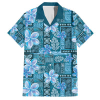Cyan Hawaii Plumeria With Tropical Flowers Motifs Family Matching Short Sleeve Bodycon Dress and Hawaiian Shirt