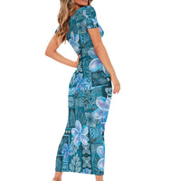 Cyan Hawaii Plumeria With Tropical Flowers Motifs Family Matching Short Sleeve Bodycon Dress and Hawaiian Shirt