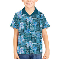 Cyan Hawaii Plumeria With Tropical Flowers Motifs Kid Hawaiian Shirt