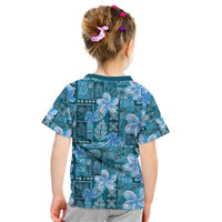 Cyan Hawaii Plumeria With Tropical Flowers Motifs Kid T Shirt
