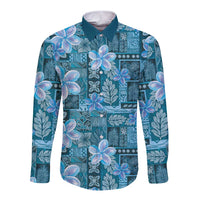Cyan Hawaii Plumeria With Tropical Flowers Motifs Long Sleeve Button Shirt
