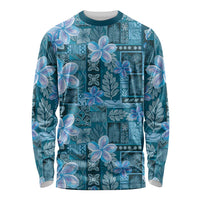 Cyan Hawaii Plumeria With Tropical Flowers Motifs Long Sleeve Shirt