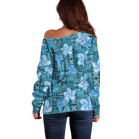 Cyan Hawaii Plumeria With Tropical Flowers Motifs Off Shoulder Sweater