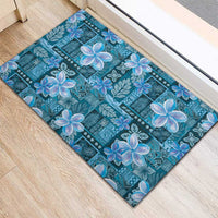 Cyan Hawaii Plumeria With Tropical Flowers Motifs Rubber Doormat
