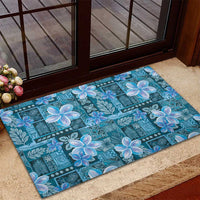 Cyan Hawaii Plumeria With Tropical Flowers Motifs Rubber Doormat