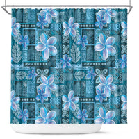 Cyan Hawaii Plumeria With Tropical Flowers Motifs Shower Curtain