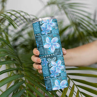 Cyan Hawaii Plumeria With Tropical Flowers Motifs Skinny Tumbler