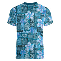 Cyan Hawaii Plumeria With Tropical Flowers Motifs Women V-Neck T-Shirt
