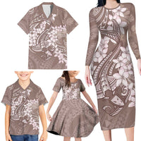 Polynesia Hammerhead Shark Tattoo With Plumeria Lei Family Matching Long Sleeve Bodycon Dress and Hawaiian Shirt