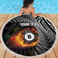 Personalised New Zealand Billiards Beach Blanket Maori Fern On Fire 8 Ball - Polynesian Pride