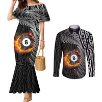 Personalised New Zealand Billiards Couples Matching Mermaid Dress and Long Sleeve Button Shirt Maori Fern On Fire 8 Ball LT14 Black - Polynesian Pride