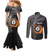 Personalised New Zealand Billiards Couples Matching Mermaid Dress and Long Sleeve Button Shirt Maori Fern On Fire 8 Ball LT14 - Polynesian Pride