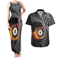 Personalised New Zealand Billiards Couples Matching Tank Maxi Dress and Hawaiian Shirt Maori Fern On Fire 8 Ball LT14 Black - Polynesian Pride