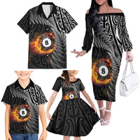 Personalised New Zealand Billiards Family Matching Off The Shoulder Long Sleeve Dress and Hawaiian Shirt Maori Fern On Fire 8 Ball - Polynesian Pride