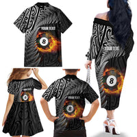 Personalised New Zealand Billiards Family Matching Off The Shoulder Long Sleeve Dress and Hawaiian Shirt Maori Fern On Fire 8 Ball - Polynesian Pride