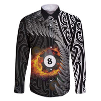 Personalised New Zealand Billiards Family Matching Off The Shoulder Long Sleeve Dress and Hawaiian Shirt Maori Fern On Fire 8 Ball - Polynesian Pride