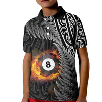 Personalised New Zealand Billiards Kid Polo Shirt Maori Fern On Fire 8 Ball LT14 Kid Black - Polynesian Pride