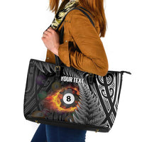 Personalised New Zealand Billiards Leather Tote Bag Maori Fern On Fire 8 Ball LT14 Black - Polynesian Pride