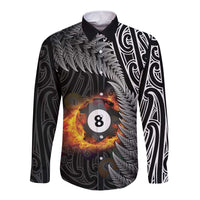 Personalised New Zealand Billiards Long Sleeve Button Shirt Maori Fern On Fire 8 Ball LT14 Unisex Black - Polynesian Pride