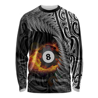 Personalised New Zealand Billiards Long Sleeve Shirt Maori Fern On Fire 8 Ball LT14 Unisex Black - Polynesian Pride