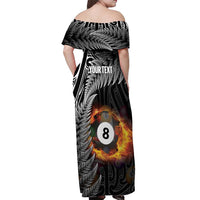 Personalised New Zealand Billiards Off Shoulder Maxi Dress Maori Fern On Fire 8 Ball - Polynesian Pride