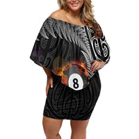 Personalised New Zealand Billiards Off Shoulder Short Dress Maori Fern On Fire 8 Ball LT14 Women Black - Polynesian Pride