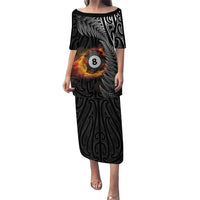 Personalised New Zealand Billiards Puletasi Maori Fern On Fire 8 Ball LT14 Long Dress Black - Polynesian Pride