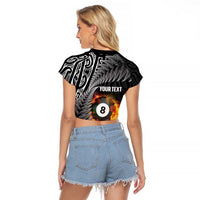 Personalised New Zealand Billiards Raglan Cropped T Shirt Maori Fern On Fire 8 Ball - Polynesian Pride