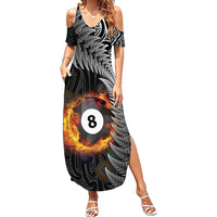 Personalised New Zealand Billiards Summer Maxi Dress Maori Fern On Fire 8 Ball - Polynesian Pride