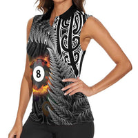 Personalised New Zealand Billiards Women Sleeveless Polo Shirt Maori Fern On Fire 8 Ball - Polynesian Pride