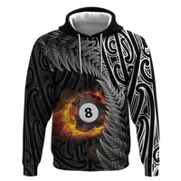 Personalised New Zealand Billiards Zip Hoodie Maori Fern On Fire 8 Ball - Polynesian Pride