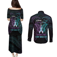 Suicide Awareness Memorial Couples Matching Puletasi and Long Sleeve Button Shirt I Wear Purple and Teal For Someone I Miss - Polynesian Pride