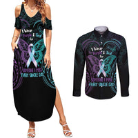 Suicide Awareness Memorial Couples Matching Summer Maxi Dress and Long Sleeve Button Shirt I Wear Purple and Teal For Someone I Miss - Polynesian Pride