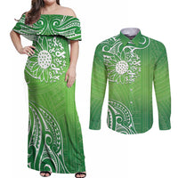 Polynesia Depression Awareness Couples Matching Off Shoulder Maxi Dress and Long Sleeve Button Shirt Sunflower Green Ribbons Polynesian Tattoo