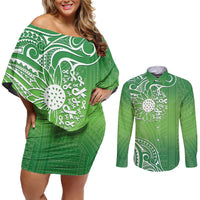 Polynesia Depression Awareness Couples Matching Off Shoulder Short Dress and Long Sleeve Button Shirt Sunflower Green Ribbons Polynesian Tattoo
