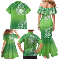 Polynesia Depression Awareness Family Matching Mermaid Dress and Hawaiian Shirt Sunflower Green Ribbons Polynesian Tattoo