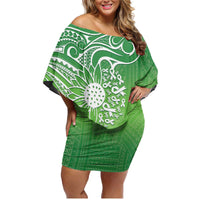 Polynesia Depression Awareness Family Matching Off Shoulder Short Dress and Hawaiian Shirt Sunflower Green Ribbons Polynesian Tattoo
