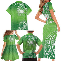 Polynesia Depression Awareness Family Matching Short Sleeve Bodycon Dress and Hawaiian Shirt Sunflower Green Ribbons Polynesian Tattoo
