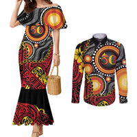 Celebrating 50 Years Papua New Guinea Couples Matching Mermaid Dress and Long Sleeve Button Shirt Aboriginal Mix Papuan Pattern LT14 Red - Polynesian Pride