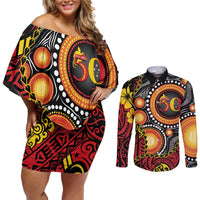 Celebrating 50 Years Papua New Guinea Couples Matching Off Shoulder Short Dress and Long Sleeve Button Shirt Aboriginal Mix Papuan Pattern LT14 Red - Polynesian Pride