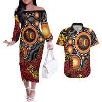 Celebrating 50 Years Papua New Guinea Couples Matching Off The Shoulder Long Sleeve Dress and Hawaiian Shirt Aboriginal Mix Papuan Pattern - Polynesian Pride
