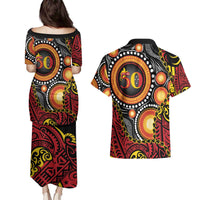 Celebrating 50 Years Papua New Guinea Couples Matching Puletasi and Hawaiian Shirt Aboriginal Mix Papuan Pattern - Polynesian Pride