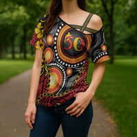 Celebrating 50 Years Papua New Guinea Cross Shoulder Shirt Aboriginal Mix Papuan Pattern - Polynesian Pride